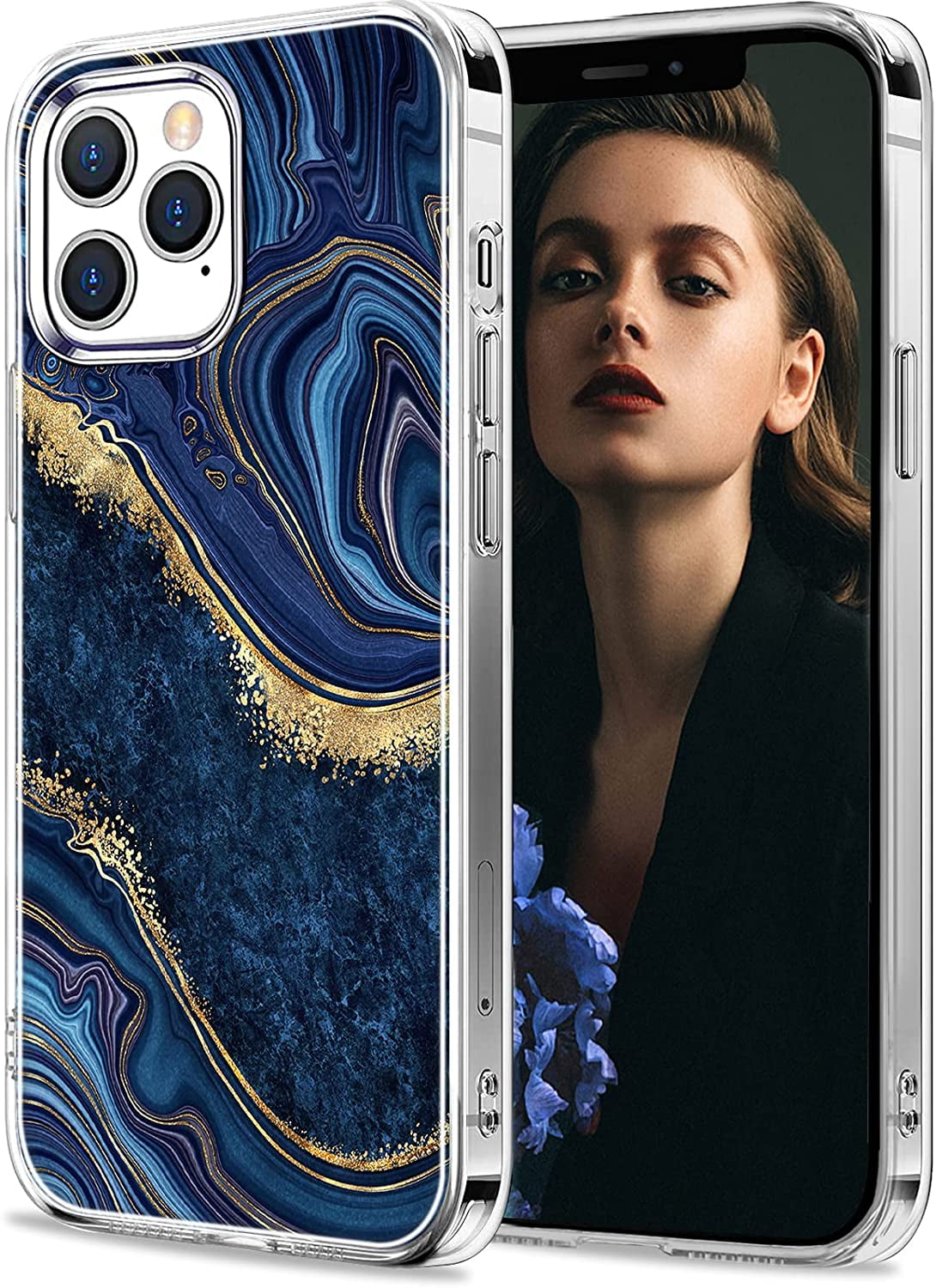 Compatible With Iphone 13 Pro Max Case Marble Glitter Gold Hard Pc Back Soft Clear Edge Slim Cover Shockproof Scratch Proof Protection Phone Case For Iphone 13 Pro Max 6 7 Inch Navy Blue