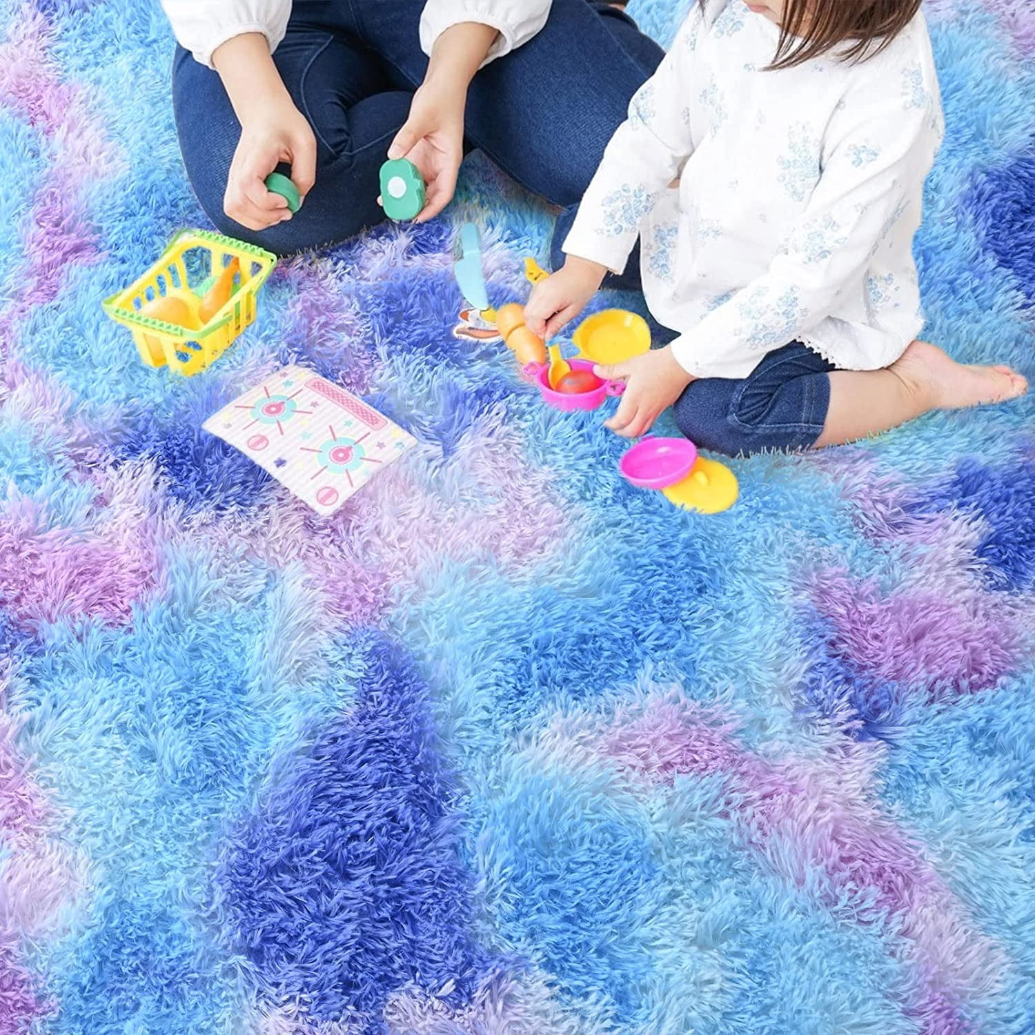 Lochas Soft Fluffy Rainbow Rugs Shaggy Colorful Carpet Plush Area Rug for Living Room Bedroom Nursery Kids Girls Playroom Rugs Home Decor Mat,3'x5', Purple&Blue
