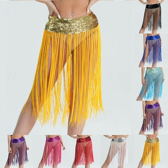 QATAINLAV Womens Sparkly Sequin Tassel Skirts Belly Dance Hip Scarf Festival Fringe Wrap Skirts, Black, Gifts for Mom