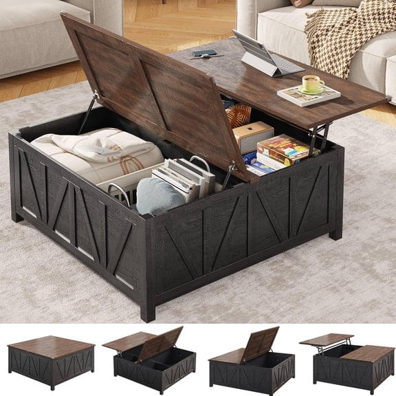 ANPOO Farmhouse Lift Top Coffee Table with Storage, 43.3" Large Square Coffee Table with 4 Hidden Storage Compartment Coffee Tables, Multi-Functional Tea Coffee Table for Living Room