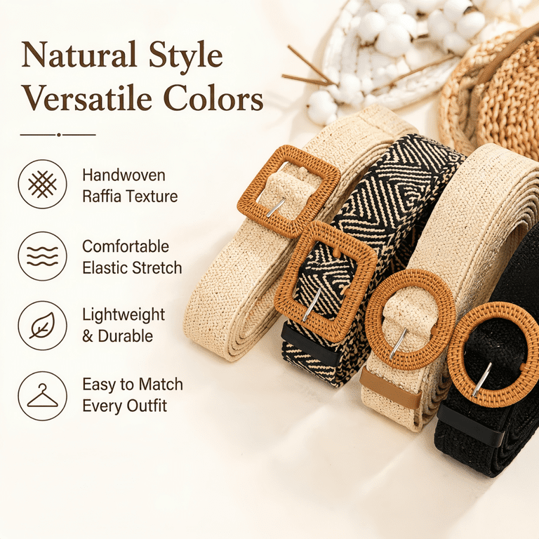 Straw Woven Elastic Plastic Rattan Buckle Waist Belt Set of 4 Kabuer Straw Woven Wide Waist Belt for Women Elastic Stretch  main image 4