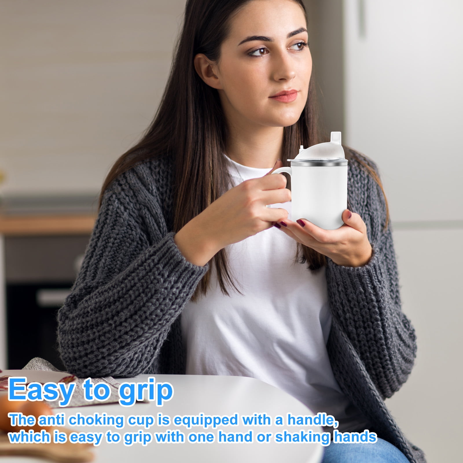 450ML Adult Sippy Cup Anti Choking Elderly Spill Proof Cup with Handle and Straw Multifunctional No Spill Feeding Mug for Seniors and Adults