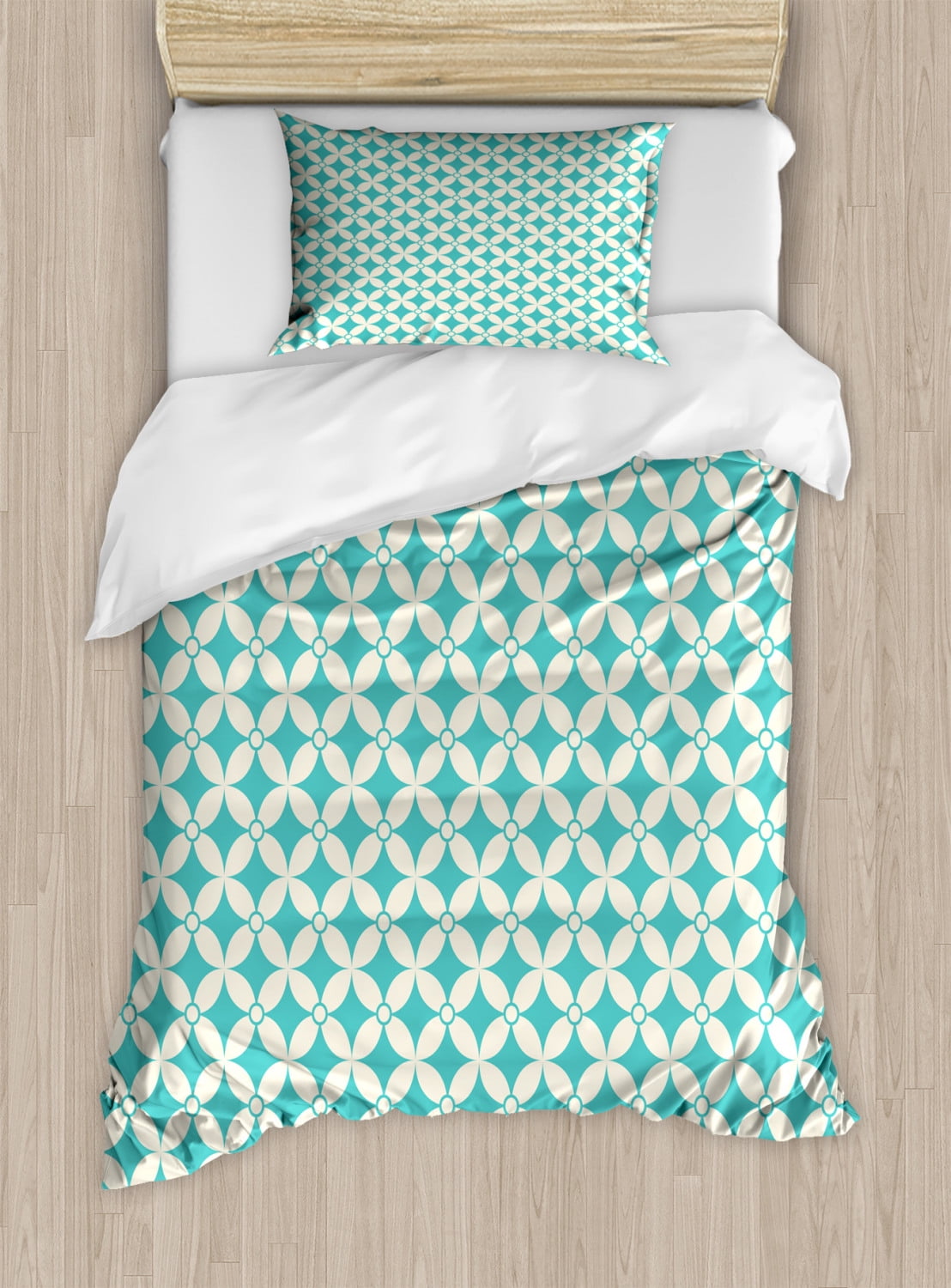 Turquoise Twin Size Duvet Cover Set, Vintage Geometric Pattern with Diamonds and Circles