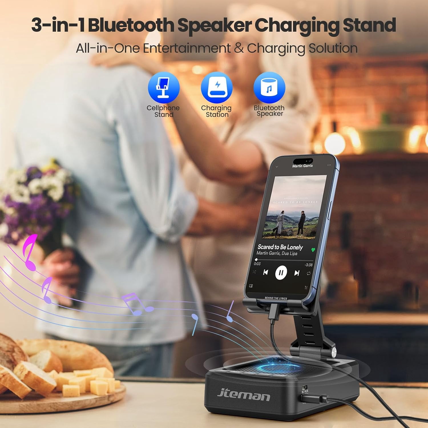 Cell Phone Stand with Bluetooth Speaker,HD Sound Adjustable Phone Holder,Birthday Gifts for Men Women, Cool Tech Kitchen Gadgets for Most Phones and Tablets-Black