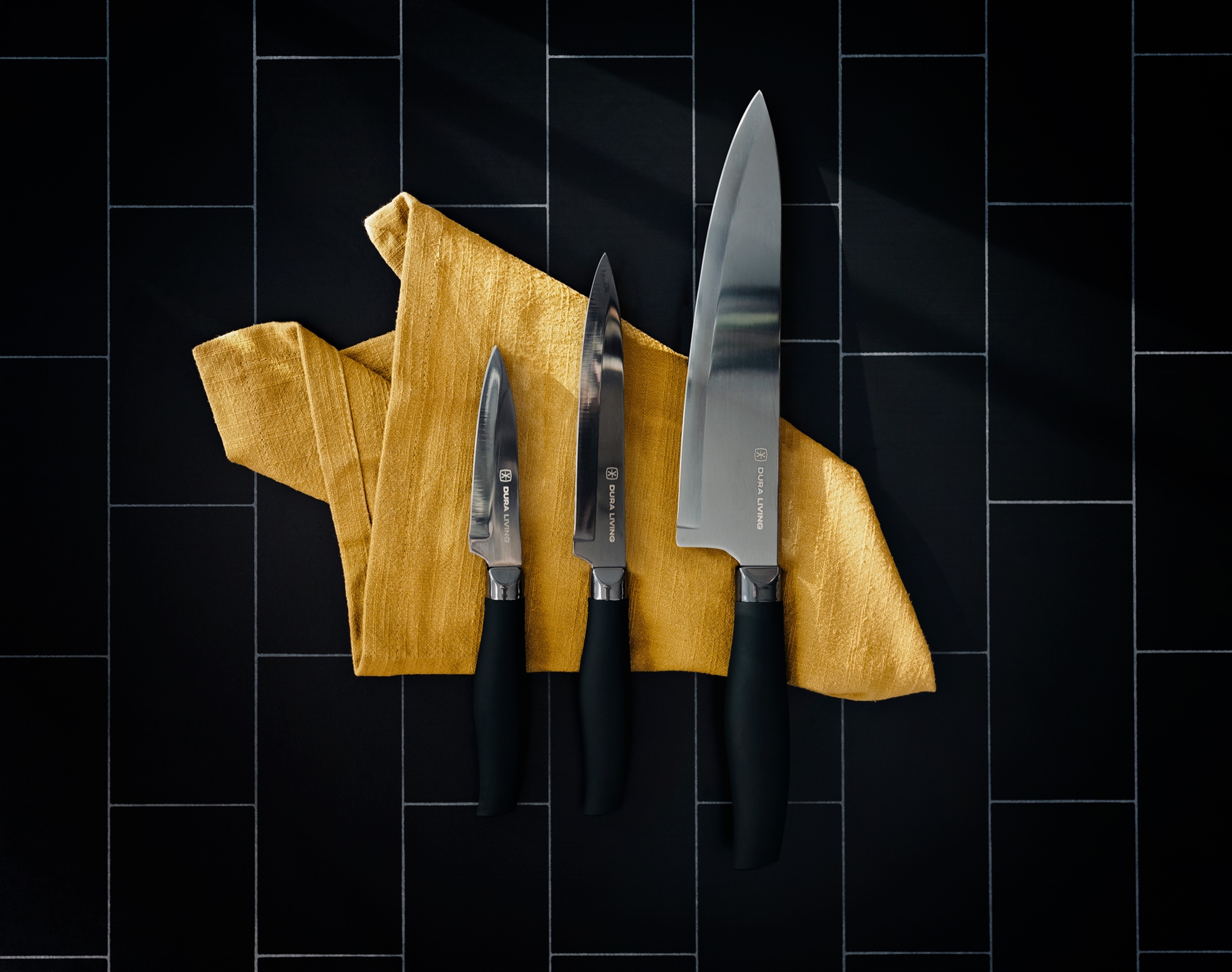 Dura Living 12-Piece Kitchen Knife starter Set - Black Nonstick Titanium Plated Stainless Steel Ultra Sharp Knives Comfort Grip Handles with Matching Sheaths