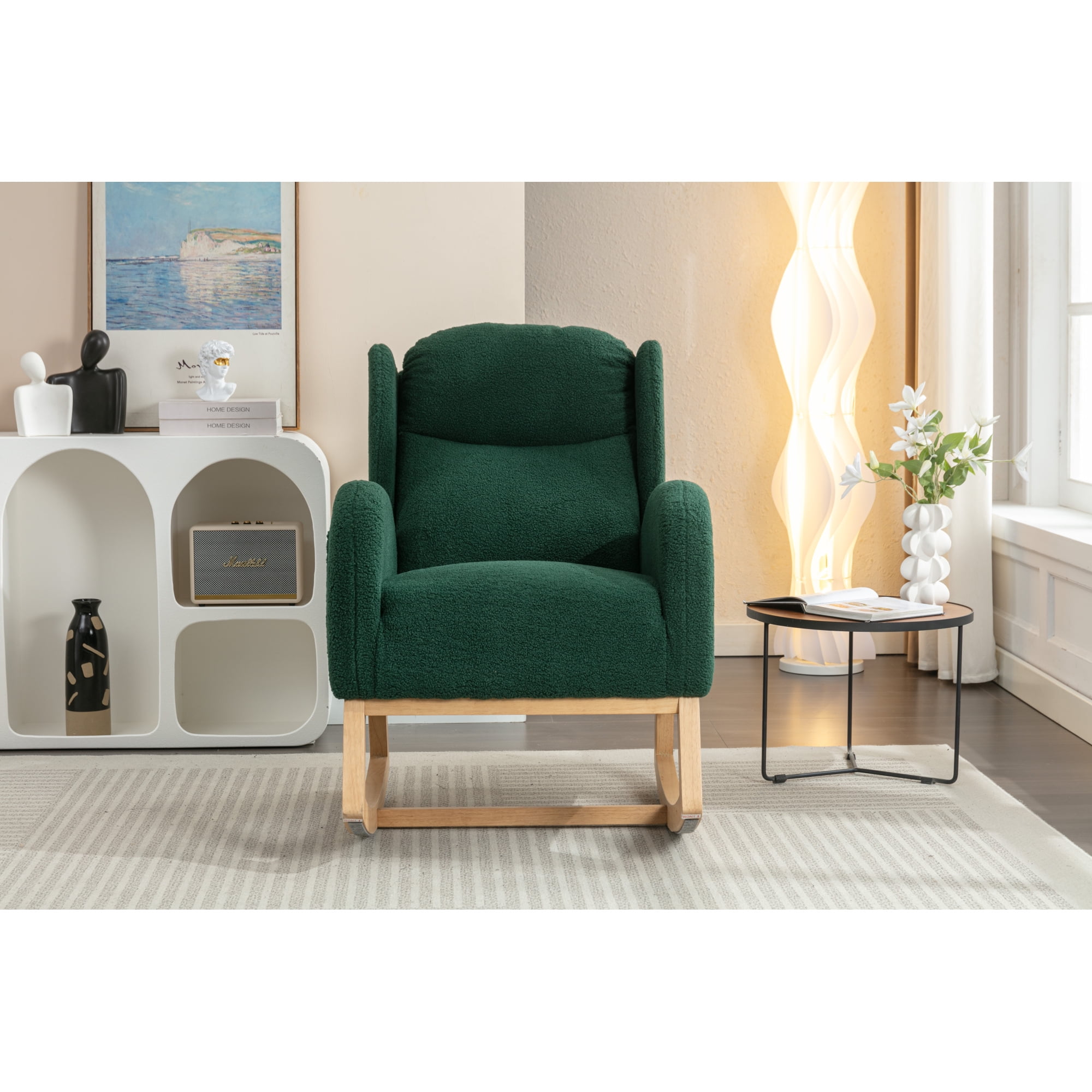 Rocking Chair Nursery,Teddy Fabric Uplostered Rocking Glider Chair with Side Pocket,Modern High Backrest Single Sofa for Living Room, Hotel, Bedroom, Baby Room,Green