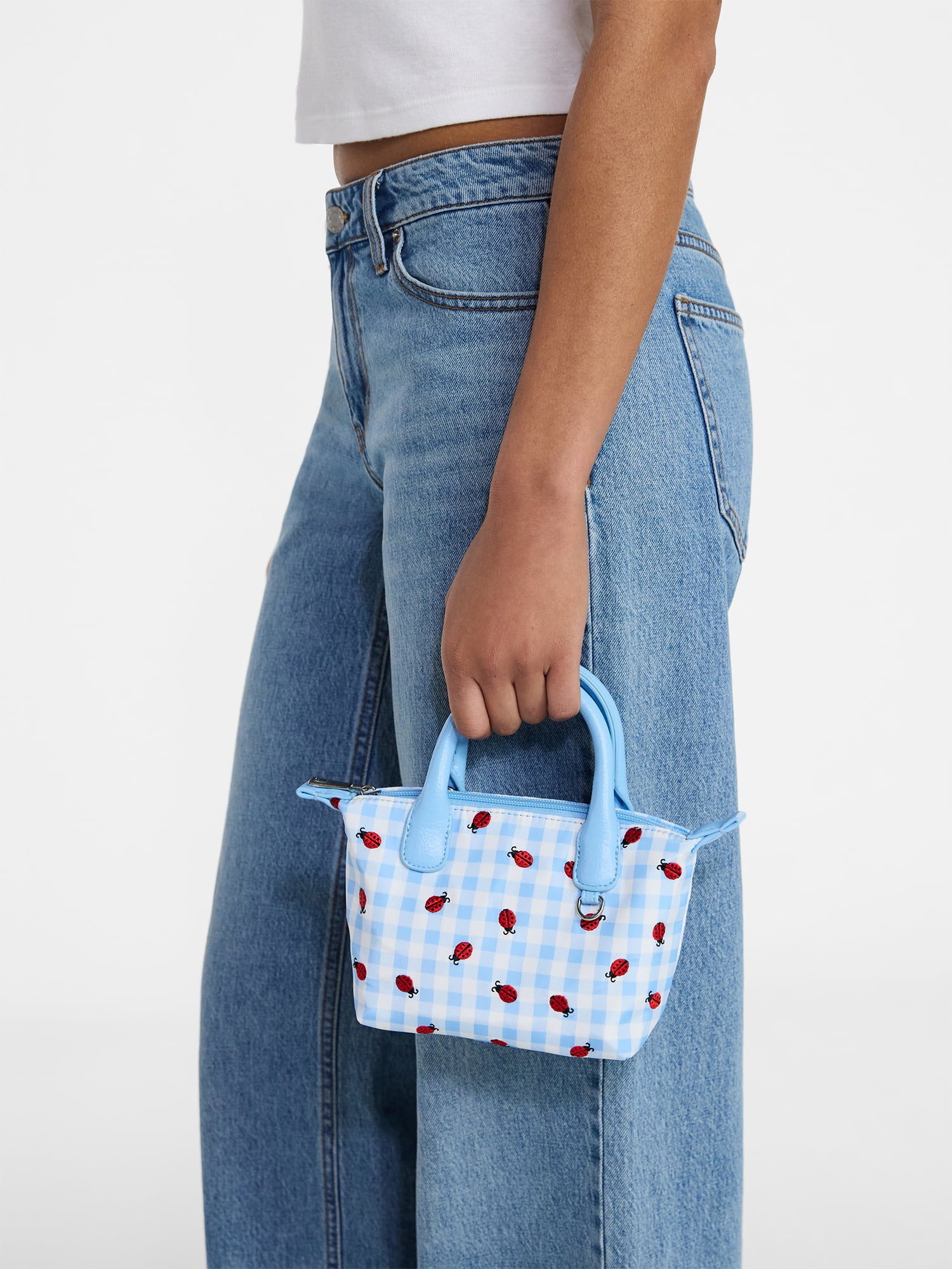No Boundaries Women's Mini Tote Crossbody Bag, Sky Gingham with Ladybug Embroidery