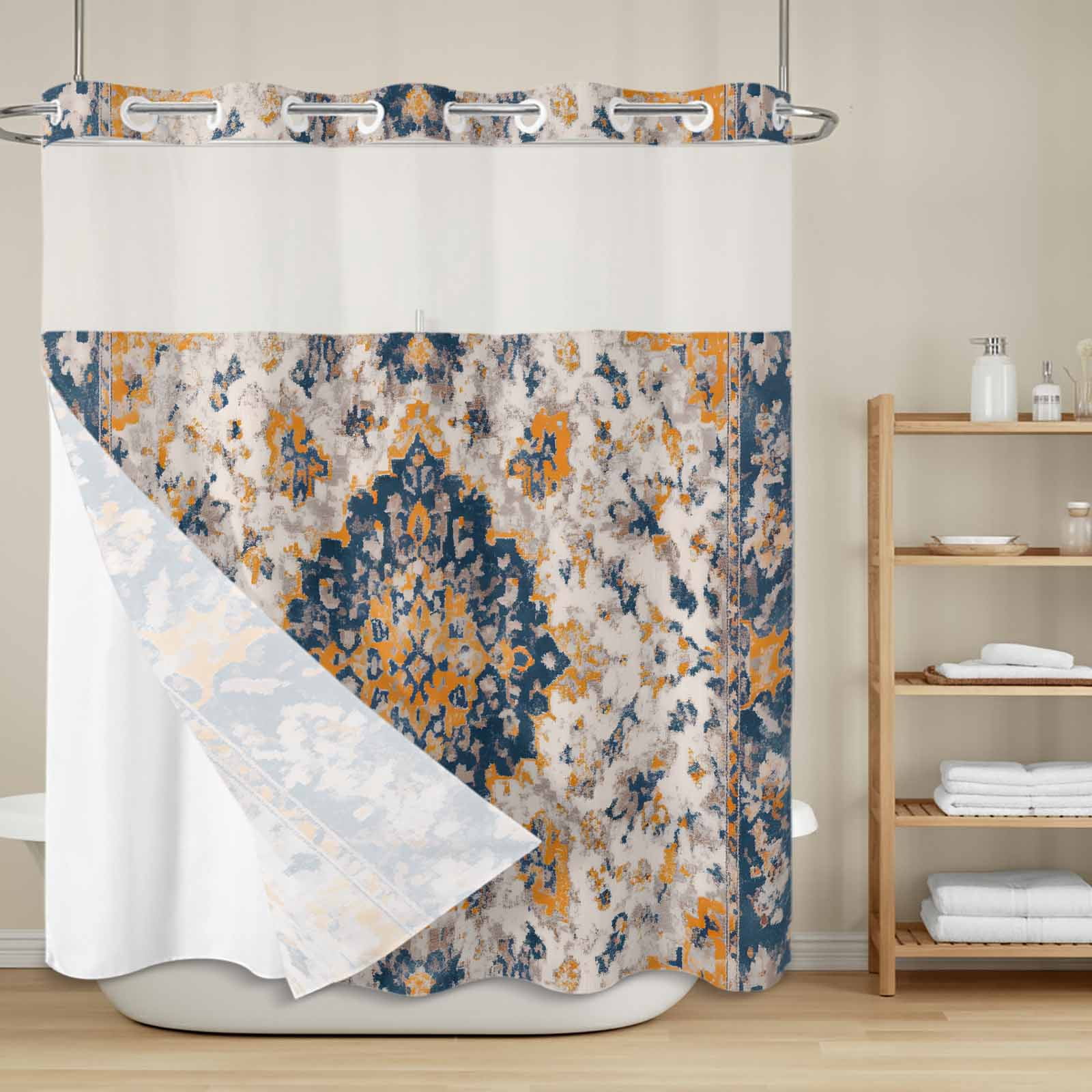 No Hook Shower Curtain, Boho Chic Ethnic Long Bathtub Curtains with Snap in Liner, Orange Blue Vintage Tribes Waterproof Washable Fabric Bathroom Curtain Sets, 72"W x 78"L