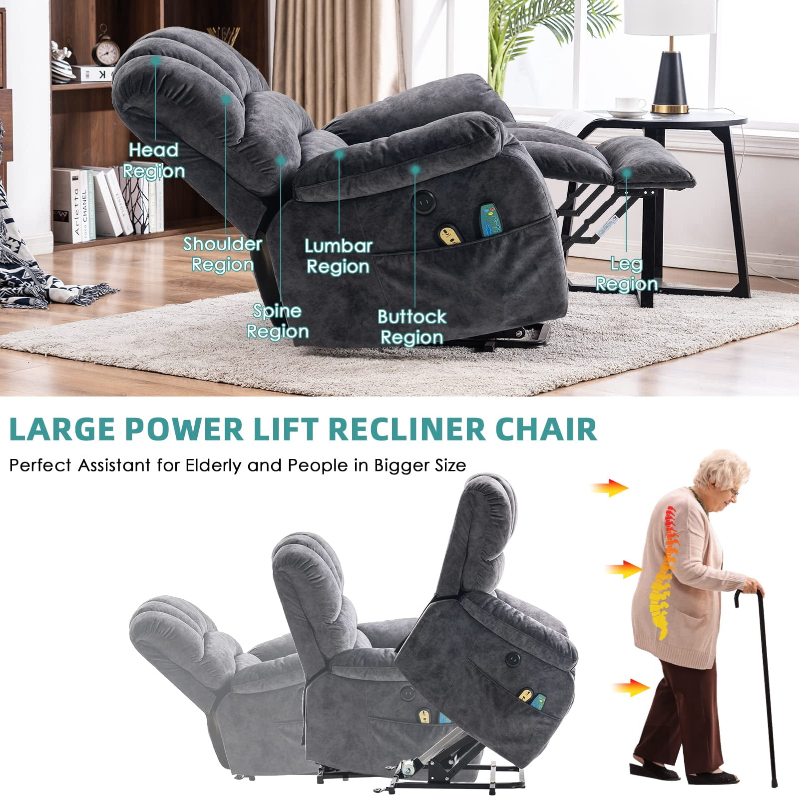 MEETWARM Large Power Lift Electric Recliner Chair with Massage and Heat, Overstuffed Wide Recliner for Elderly Big People, Plush Fabric Recliners with 2 Remote Controls, USB Ports, Side Pockets（Gray）