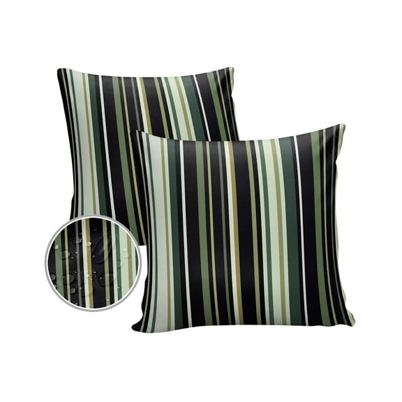 Pack of 2 Outdoor Pillow Covers, Black Green Stripe Waterproof Square Throw Pillowcase Cushion Decorative Pillow Covers for Couch Patio Tent, 16x16 in