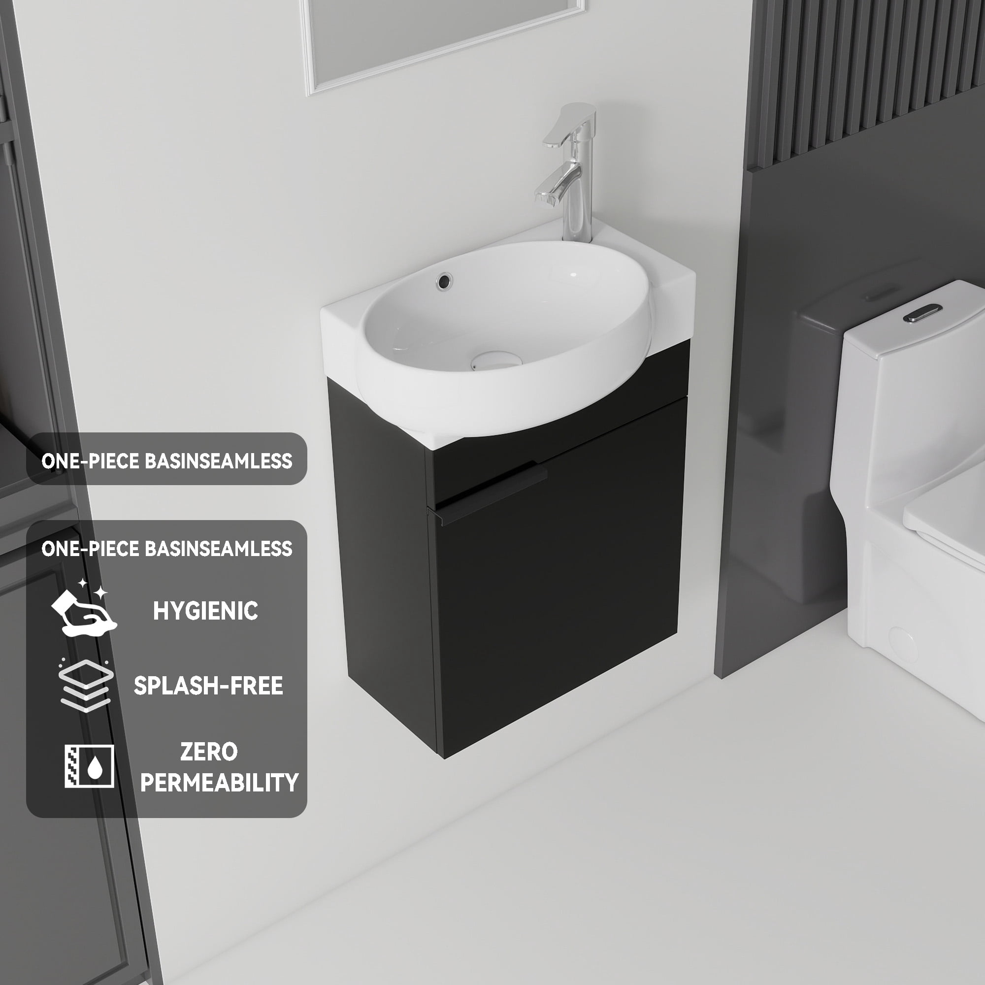 Leumius 16" Wall-Mount Bathroom Vanity Cabinet with with Ceramic Sink & Soft‑Close Doors for Small Space,Bathrooms,Black