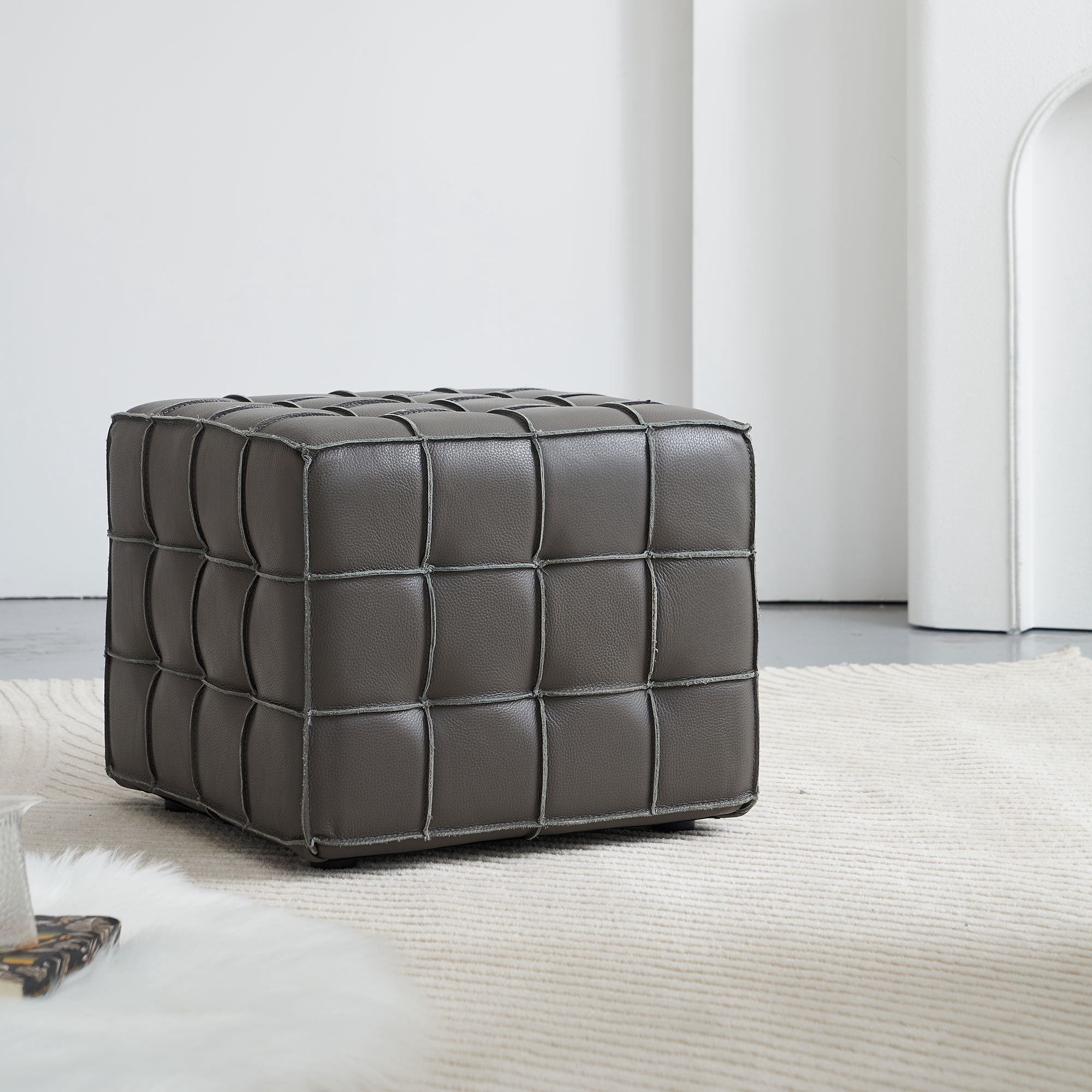 17.32''W Genuine Leather Tufted Ottoman,Footstool for Living Room & Bedroom,Grey Color