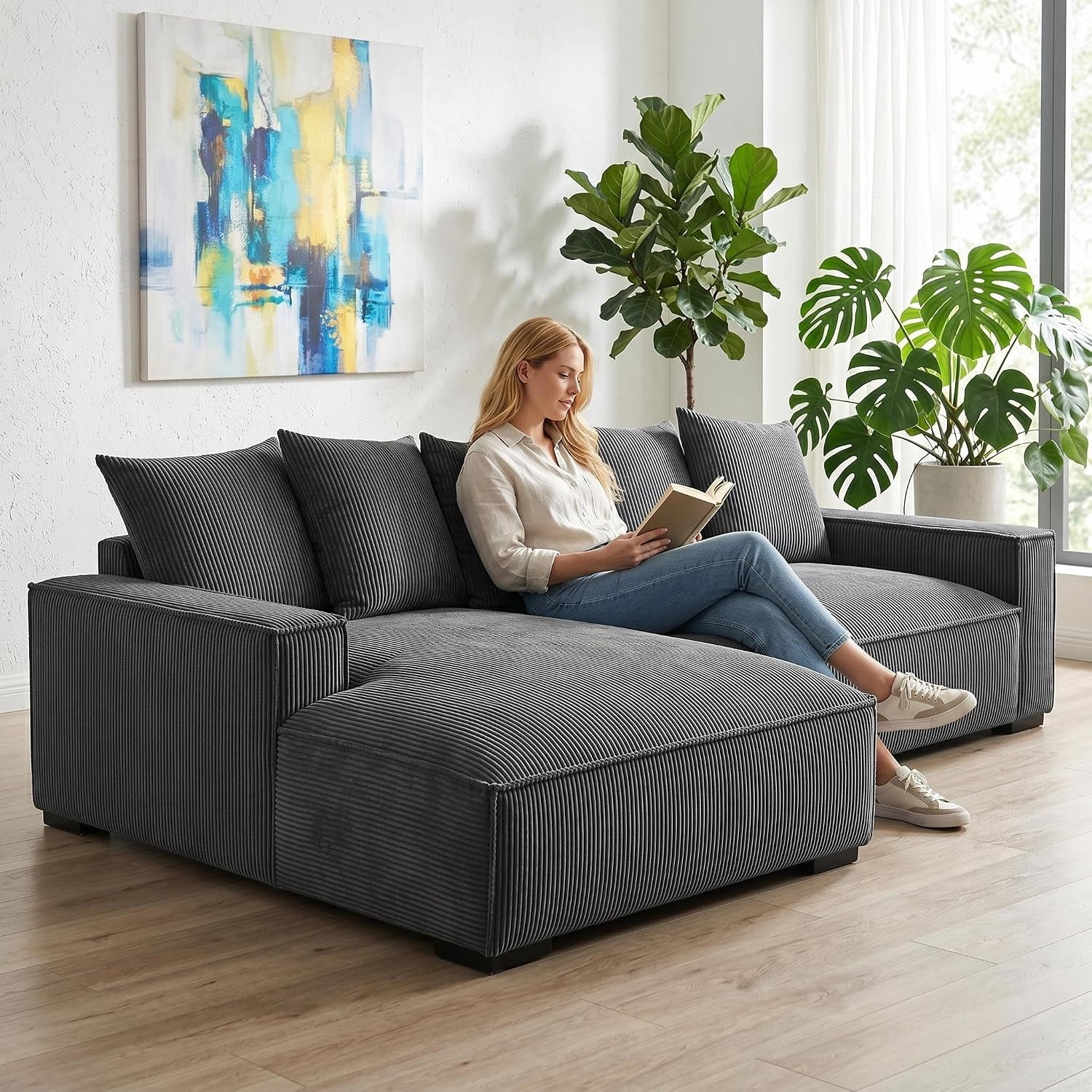 106.7-Inch L Shaped Loveseat and Chaise, Luxe Large Two-Piece Right Facing Sectional Sofa for Living Room,Upholstered with Corduroy Fabric, Left Facing, Gray