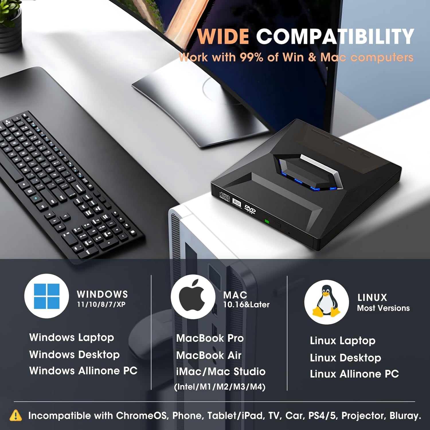 7-in-1 External Blu-ray Drive USB 3.0 & Type-C, Portable BD/DVD/CD Burner with 3-Port USB Hub & SD/TF Card Reader, 6X Optical Drive for Laptop & Desktop(RL Black 1 PC)