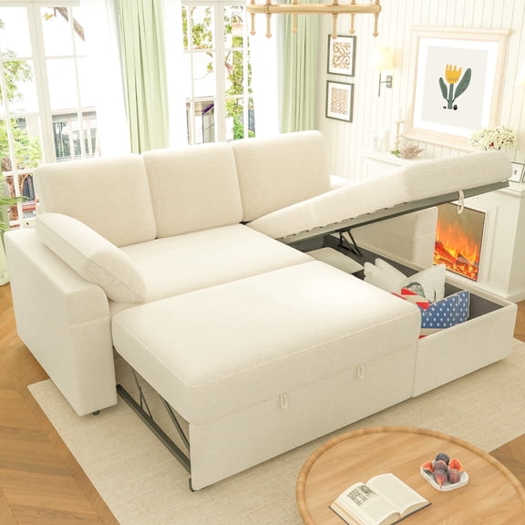 VANACC Sleeper Sofa Bed with Foldable Armrests,Storage Chaise & 5" Cushions,Beige
