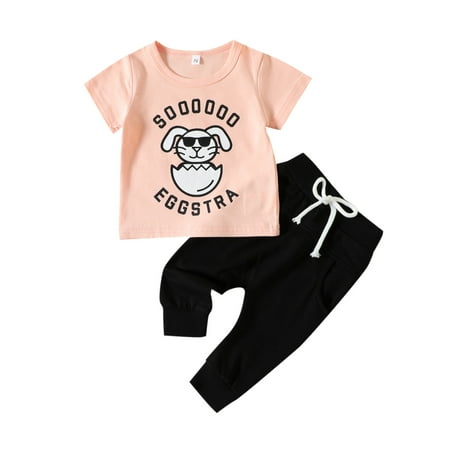 

Toddler Girls Easter Short Sleeve Cartoon Rabbit Printed T Shirt Pullover Tops Pants Kids Outfits