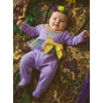thumbnail image 5 of BemeyourBBs Newborn Baby Girl Mardi Gras Outfit Footed Romper Spring Fall Winter Carnival Clothes They Found Me In A King Cake Long Sleeve Ruffle Collar Letter Footied Embroidery Jumpsuit Headband, 5 of 9