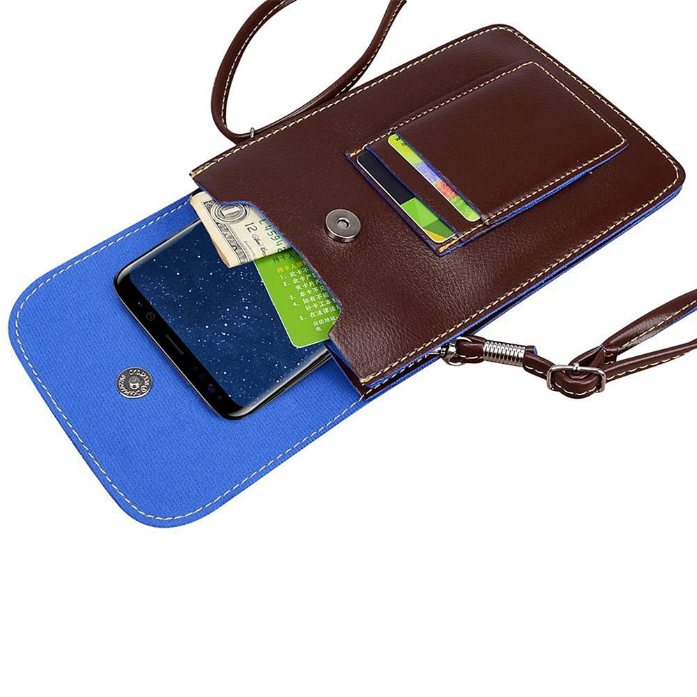 BUNDLE: Vegan Leather Vertical Crossbody Smartphone Pouch Wallet (Brown) & Deluxe Stereo Hands-Free Headset (Pink) - for Smartphones up to 6.5-inch, Shoulder Strap, Headphones w/ Microphone