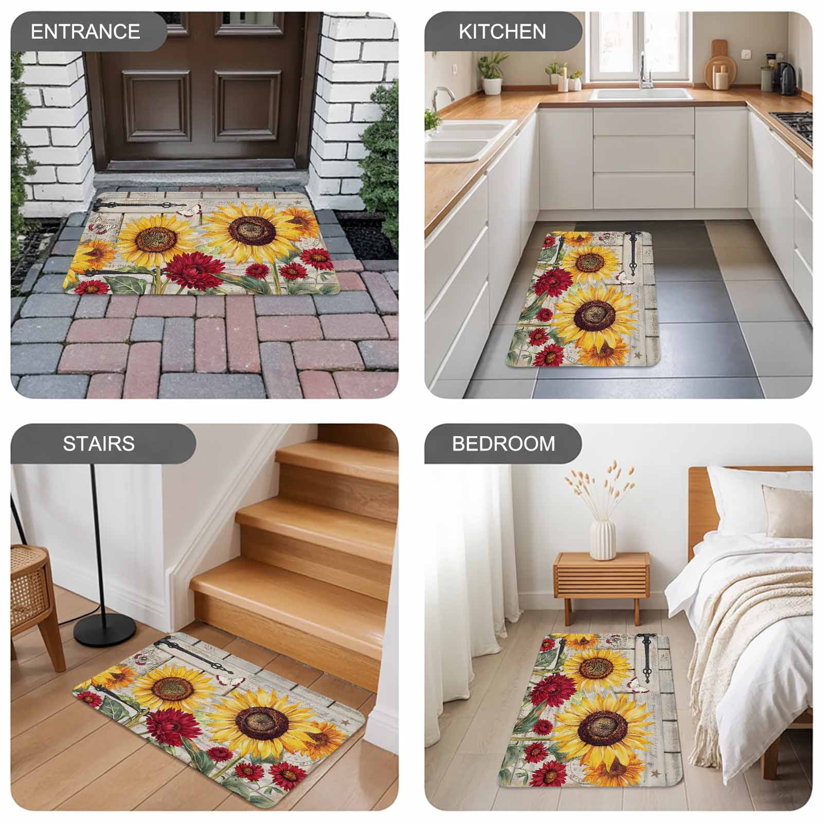 Red Yellow Sunflowers Doormat Outdoor Entrance 16"x24", Retro Rustic Barn Doors Butterfly Brown Absorb Moisture Dirt Door Mats, Non-Slip Rubber Backing Floor Mats Indoor, Low-Profile Front Door Rugs
