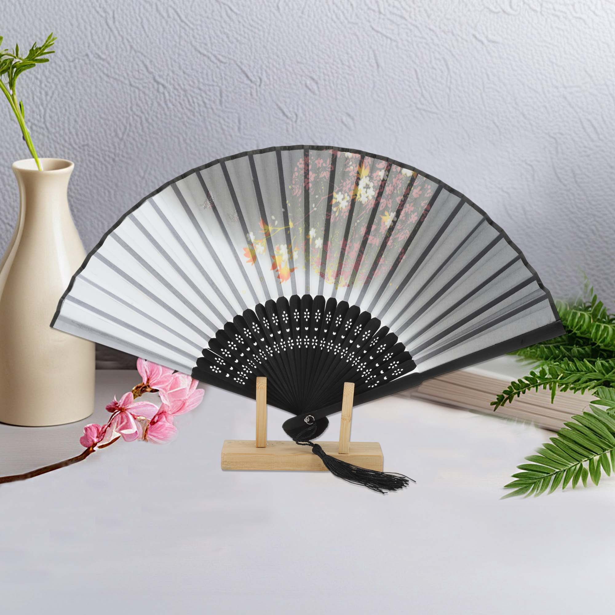 Unique Bargains Folding Fan 1Pc White Gray Ink Wash Flaming Maple Leaves Style
