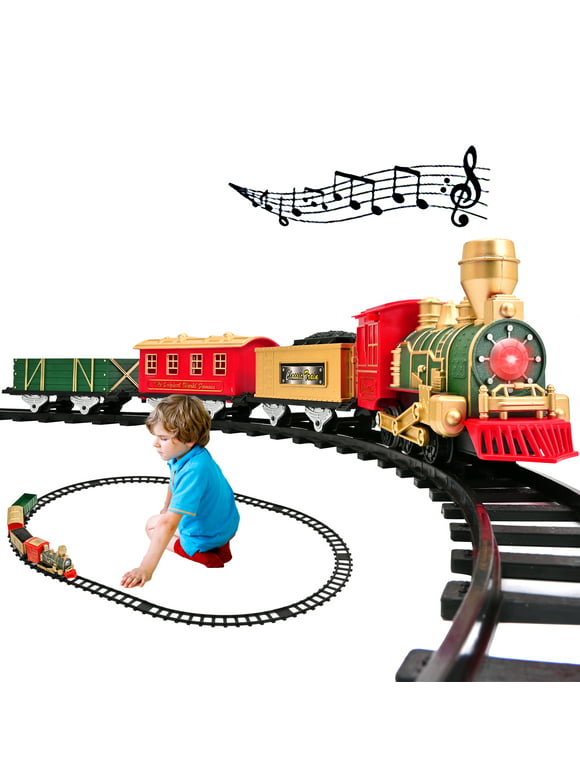 Train Set Toys- Electric Train Toy for Boys W/ Lights & Sound, Railway, Locomotive Engine, Cargo Cars, 3 Cars &10 Tracks, for 3-8