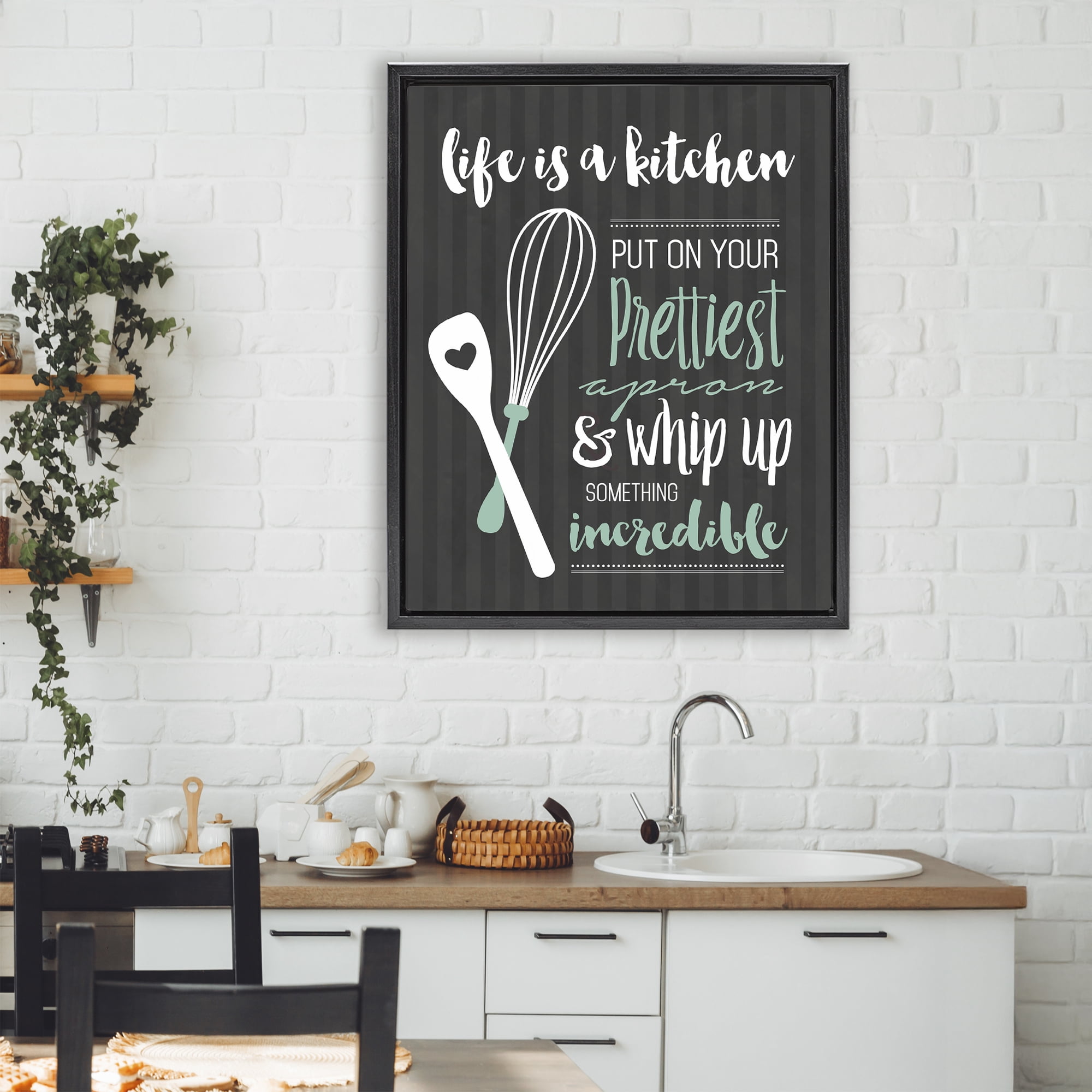 Life Is A Kitchen Motivational Black Framed Floater Canvas Wall Art, design by Lettered and Lined