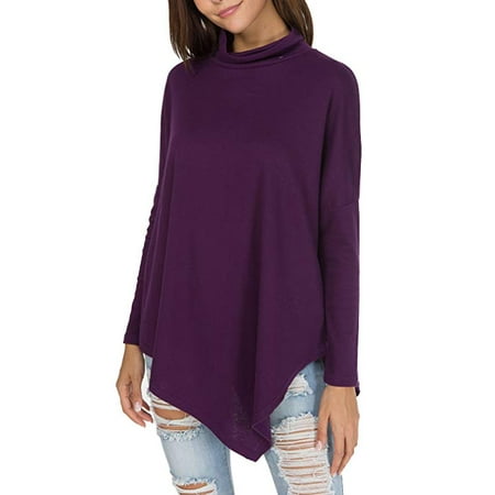 Women's Long Batwing Sleeve Turtleneck Hankerchief Hem Loose Casual Tunic