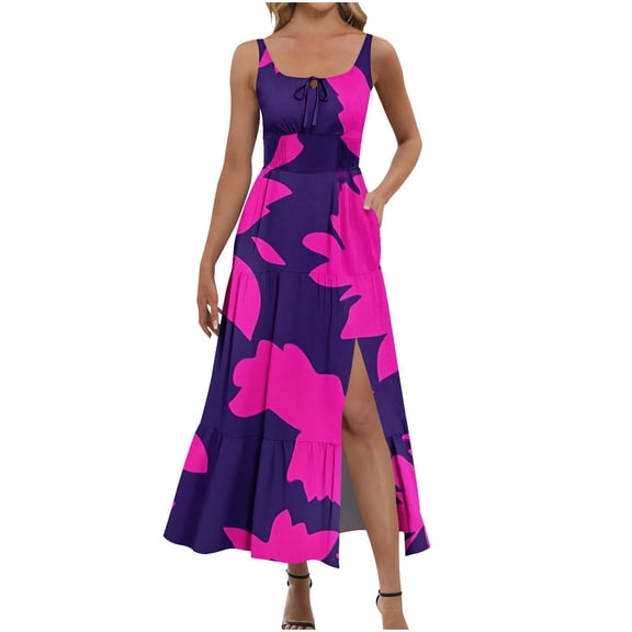 YuXingFu Summer Dresses for Women with Sleeves Maxi Crew Neck Plus Size Womens Dress Sleeveless Floral Long Casual Summer Multicolor S