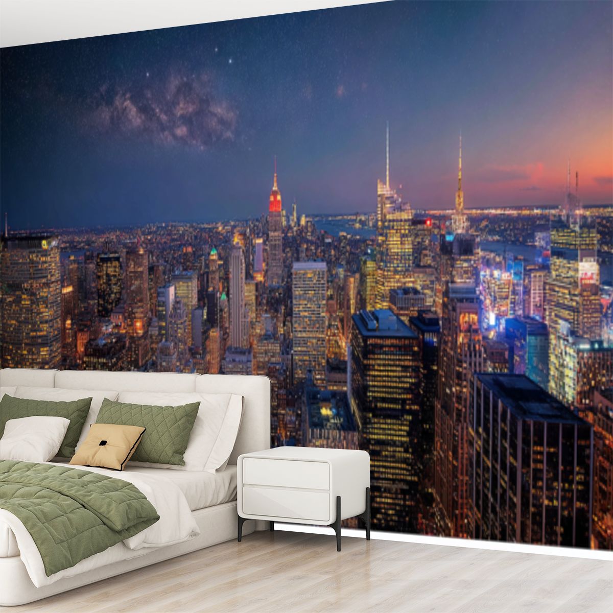 Peel and Stick Wallpaper New York City Skyline Night Stars Bright City Lights Modern Art Wall Mural Decor Self Adhesive and Removable 69in x 98in