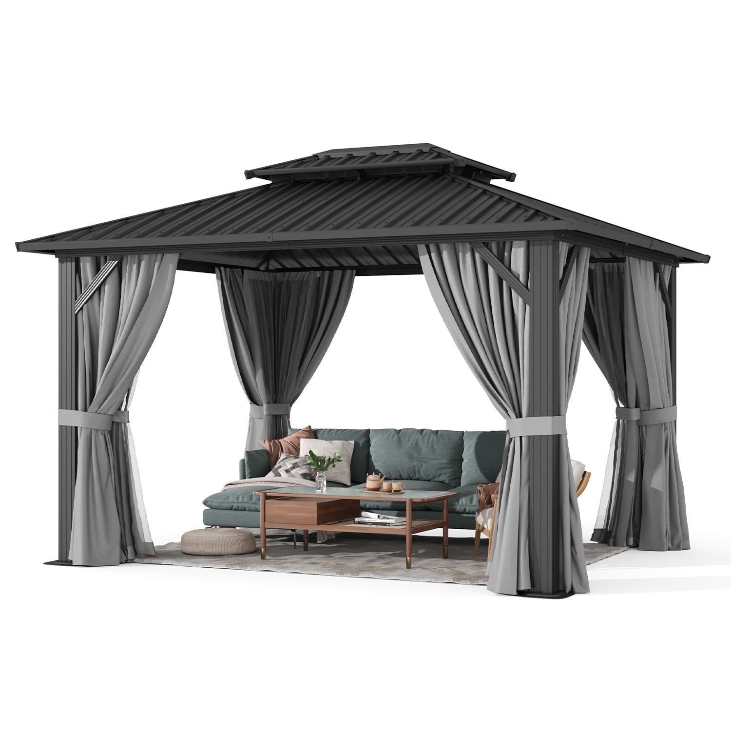 BaPiPro 12x10 FT Permanent Outdoor Gazebo – Aluminum Frame with Double Roof, Includes Curtains & Netting, Ideal for Patio, Lawn, and Garden,Gray