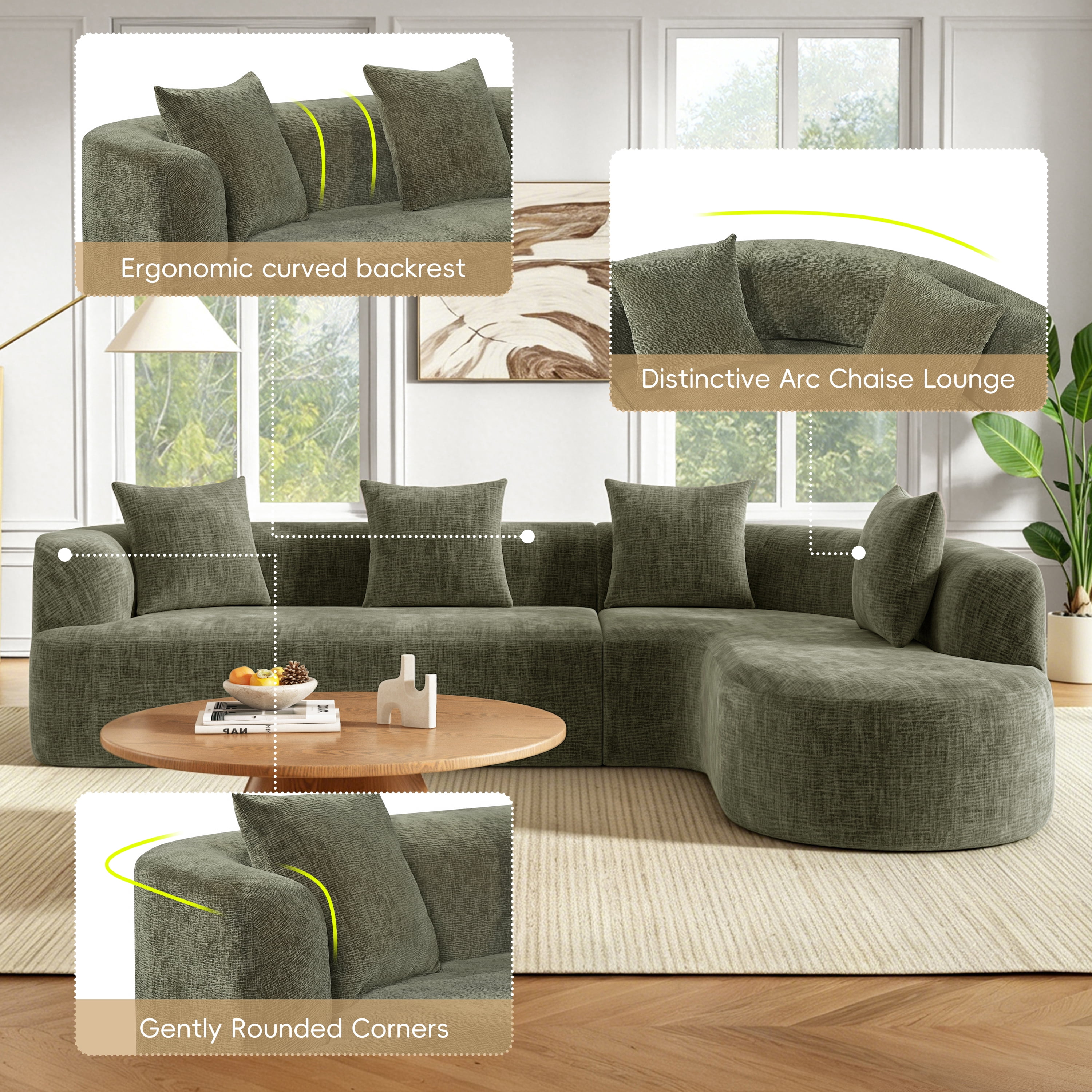 GARITIN Curved Cloud Couch 116.5 Inch, Oversized L Shaped Chenille Sectional Sofa with High Resilience Foam for Living Room, Green