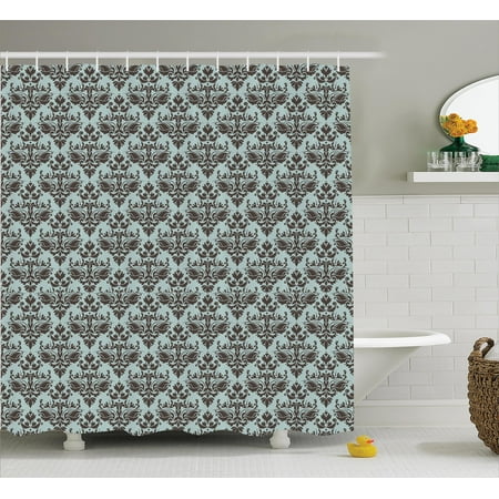 Modular Shower (Damask Shower Curtain, Damask Shapes Motif Western Modular Leaves and Rayon Curving Lines Creative Floral, Fabric Bathroom Set with Hooks, Teal Brown, by)