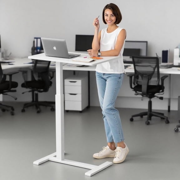 Rolling Teacher Standing Desk with Hidden Wheels, Pneumatic Mobile Laptop Table Height Adjustable Small Sit Standing Desk for Home Office, White