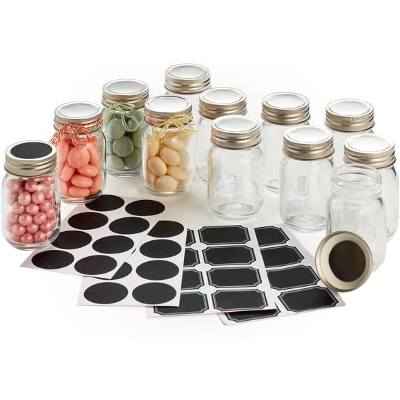 2.5oz Small Mason Jars with Lids & Chalkboard Labels (12 Pack) Airtight Mini Mason Jars for Party Favors, Spices, Jam, Condiments, Honey, Jelly, Candy, Shot Glasses, Wedding, Gifts, Tiny Gl