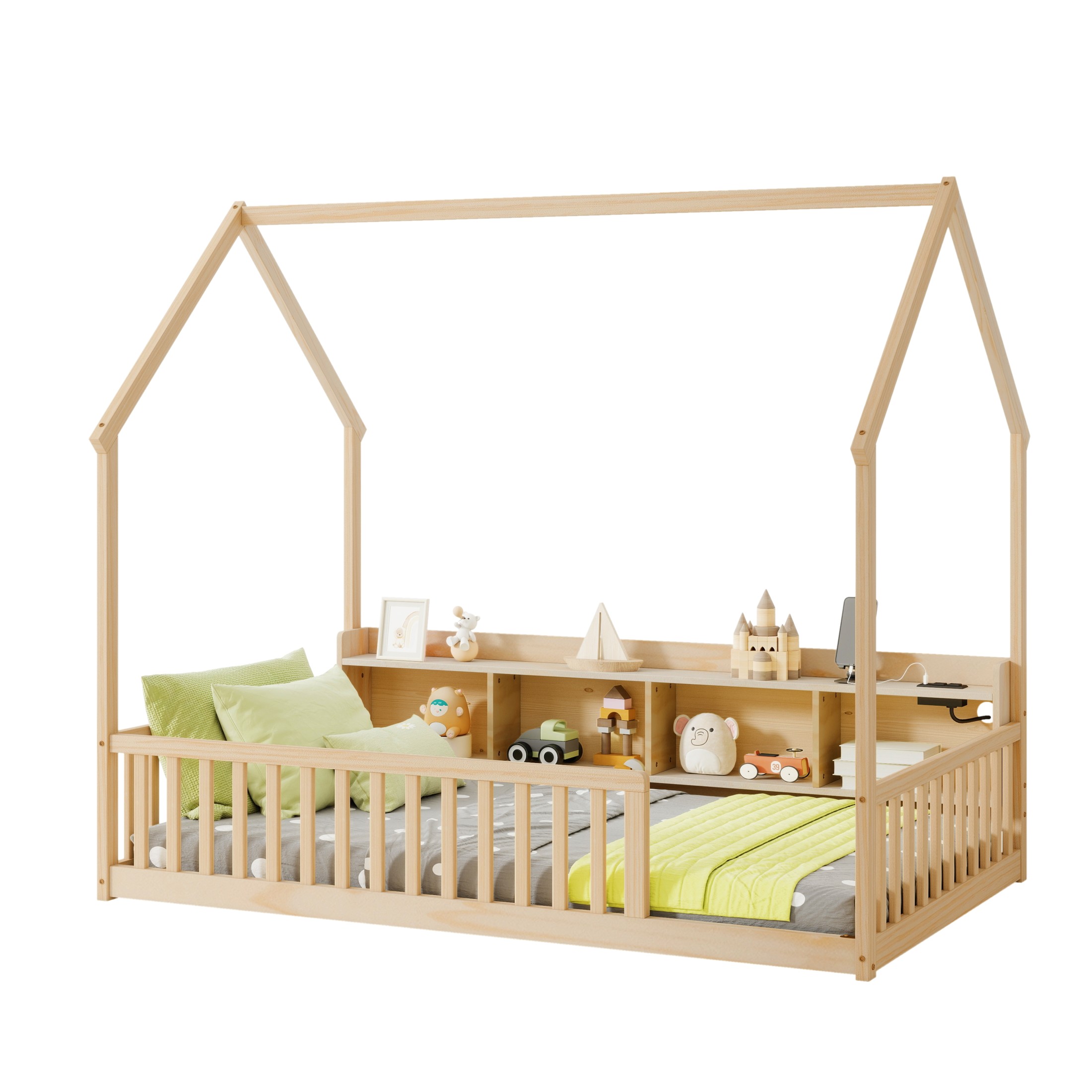 Noble House Norra Twin Size Pine Wooden House Floor Bed with Storage Shelves, LED Lights & Charging Station, Natural