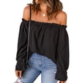 thumbnail image 1 of Blusa de gasa con hombros descubiertos, color liso, ribete de volantes, manga larga, camiseta con hombros descubiertos para dama, chica, mujer, citas, negro, M, 1 of 8
