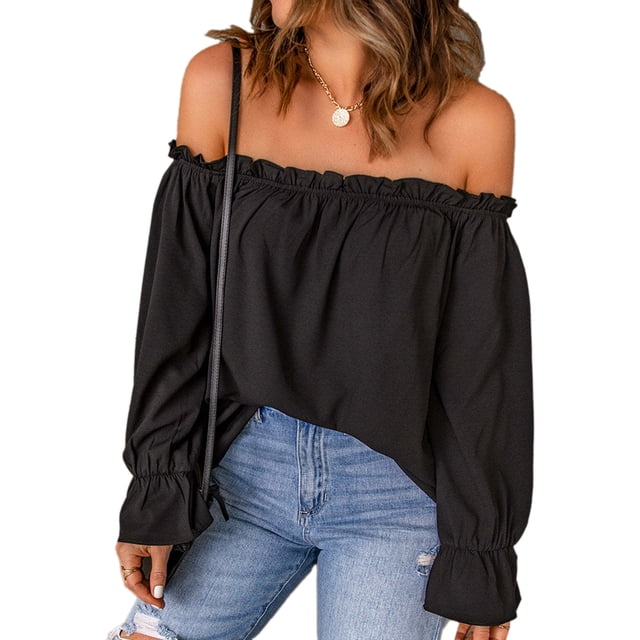 Blusa de gasa con hombros descubiertos, color liso, ribete de volantes, manga larga, camiseta con hombros descubiertos para dama, chica, mujer, citas, negro, M