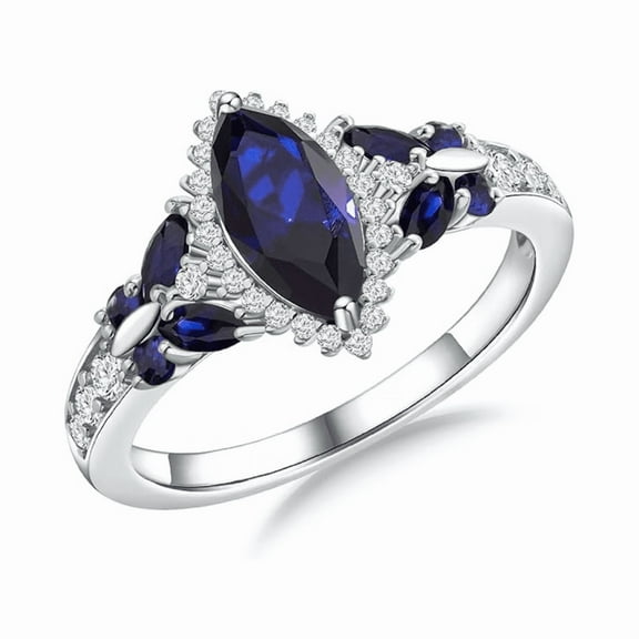 Marquise Cut Blue Sapphire & Diamond Butterfly Halo Ring in 925 Sterling Silver - September Birthstone - Handmade jewerly