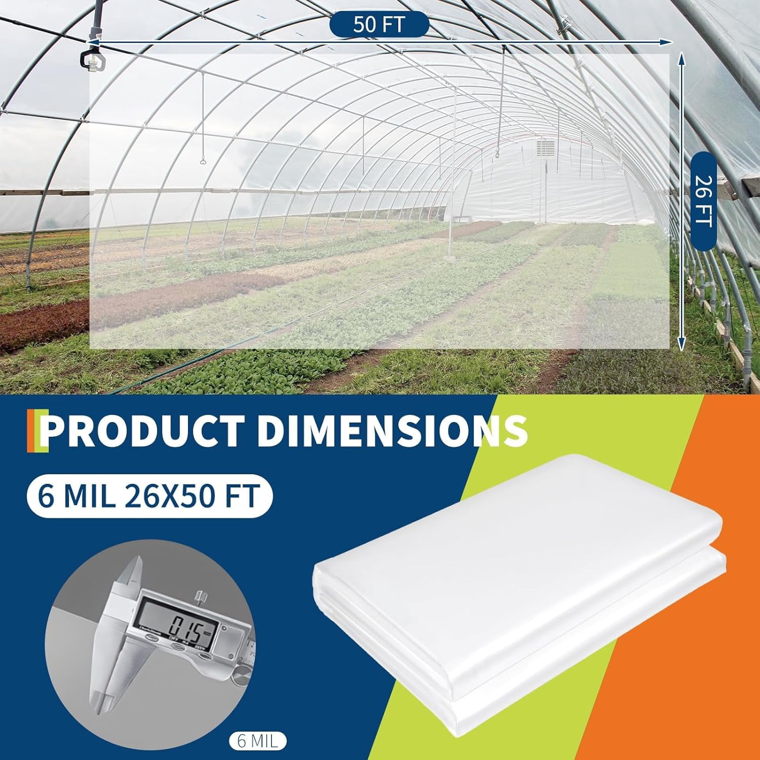 QinaQin 26x50 FT Greenhouse Plastic Sheeting,6 Mil Thickness,Waterproof Plastic Covering for Winter,UV Resistant Clear Polyethylene Film for Farms,Garden,Transparent