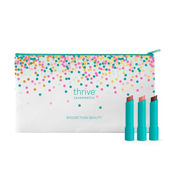 Tinte labial Trio Thrive Causemetics Sheer Strength con bolsa de maquillaje