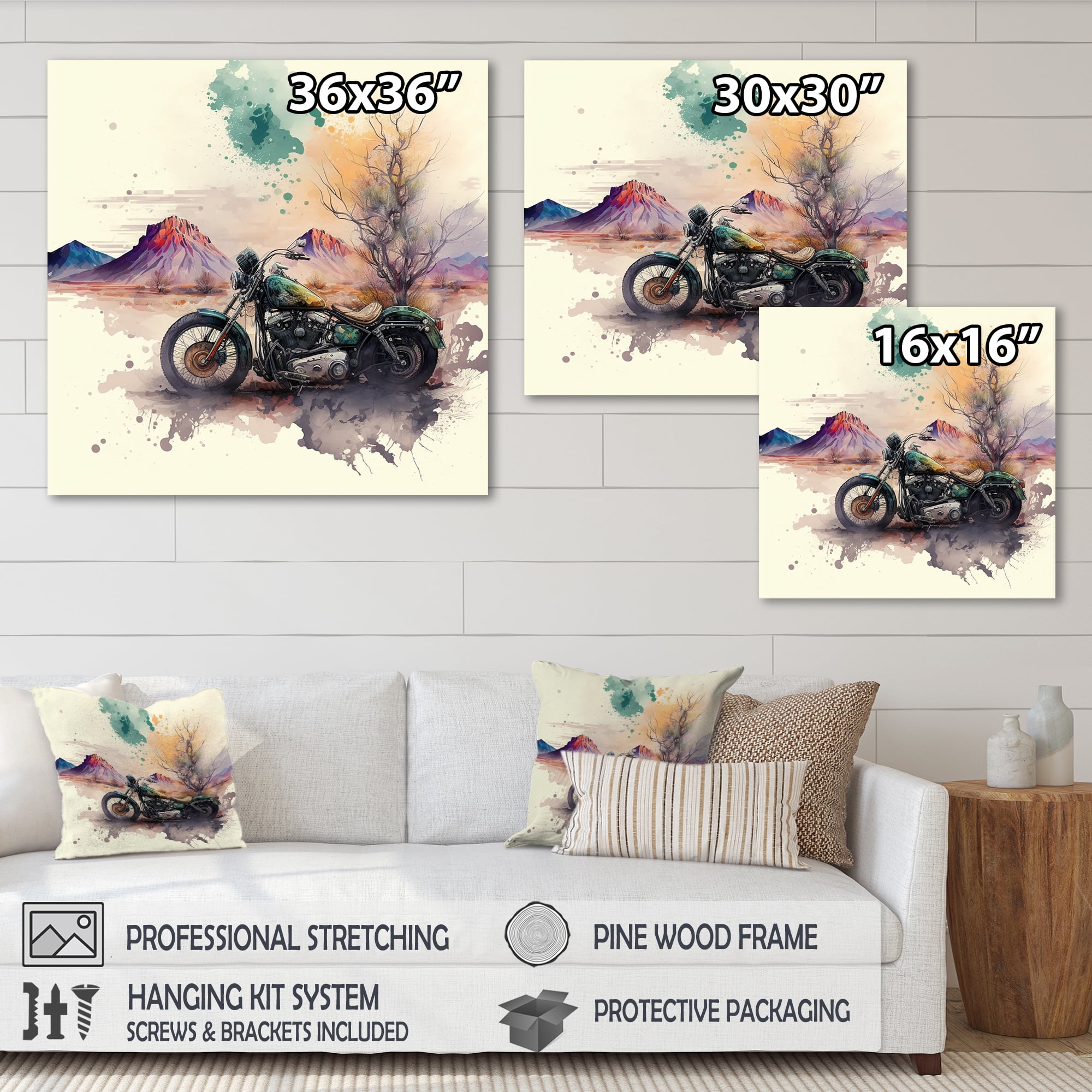 Designart Motorcycle Parked In The Desert II Canvas Wall Art