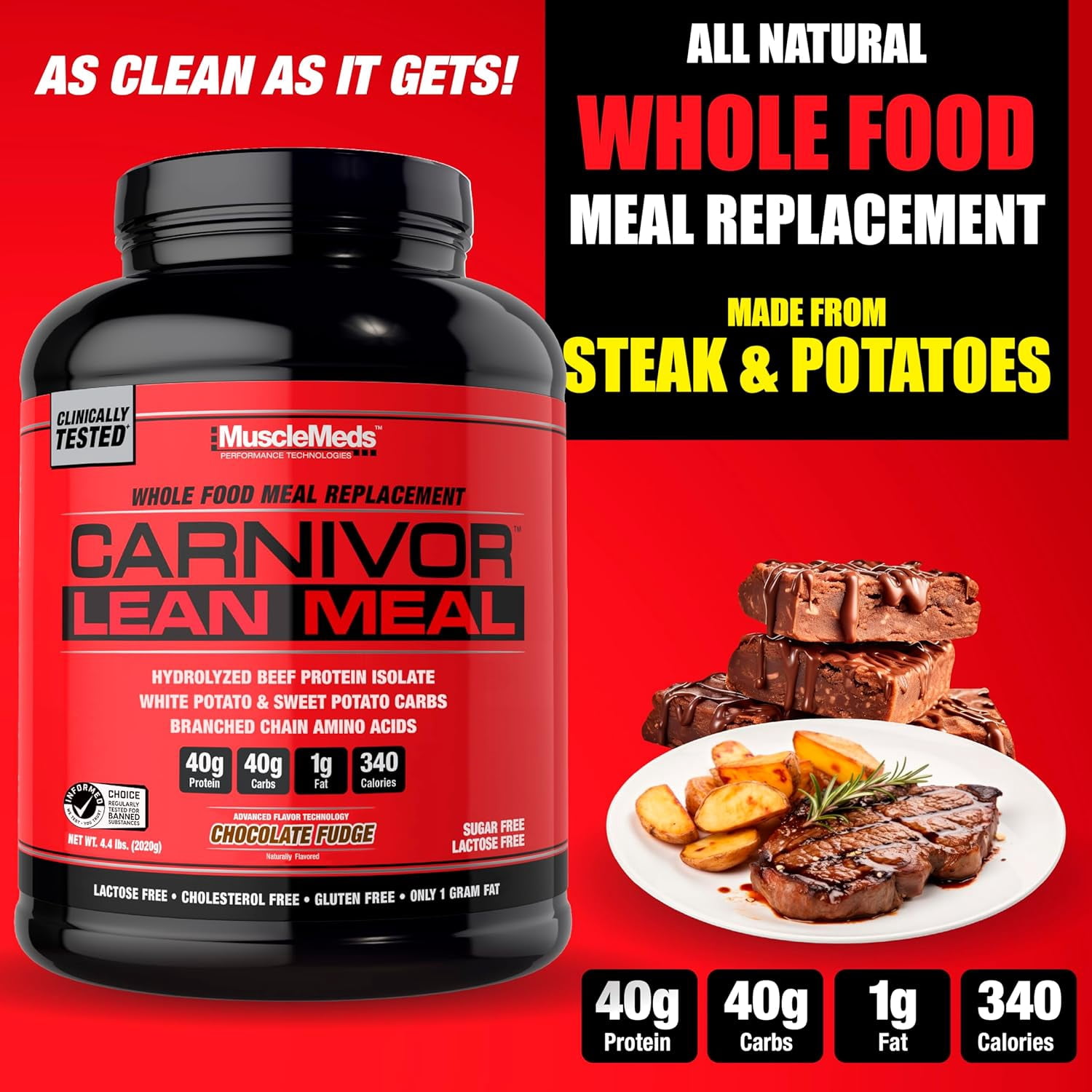MuscleMeds Carnivor Lean Meal Whole Food Meal Replacement Shake – 40g Beef Protein Isolate & Carbs – Sugar-Free, Lactose-Free – Chocolate Fudge, 4.4 lbs