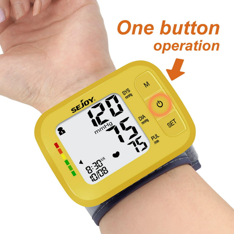 Sejoy Wrist Blood Pressure Monitor, Automatic BP Machine Adjustable Cuff,  120 Memories, for Home Use, Yellow