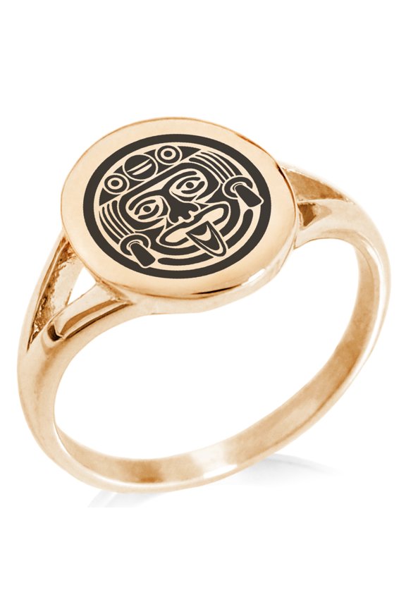 Stainless Steel Aztec Mask Rune Minimalist Oval Top Polished Statement Signet Ring