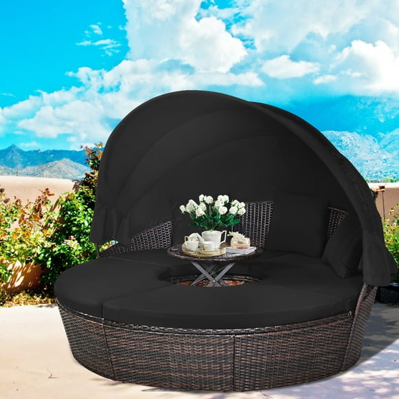 Gymax Lit de Jour Rond en Rotin pour Patio avec Coussins et Table Réglable, Noir