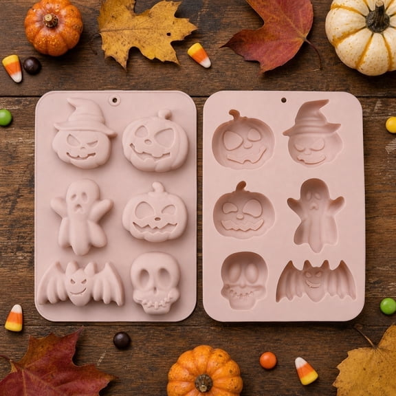 Halloween Silicone Ice Cube Mold Set, 2 Pack Pumpkin Ghost Skull Candy Chocolate Mold, Easy Release Food Grade Mold for Drinks Baking Desserts Party Supplies 20*15cm