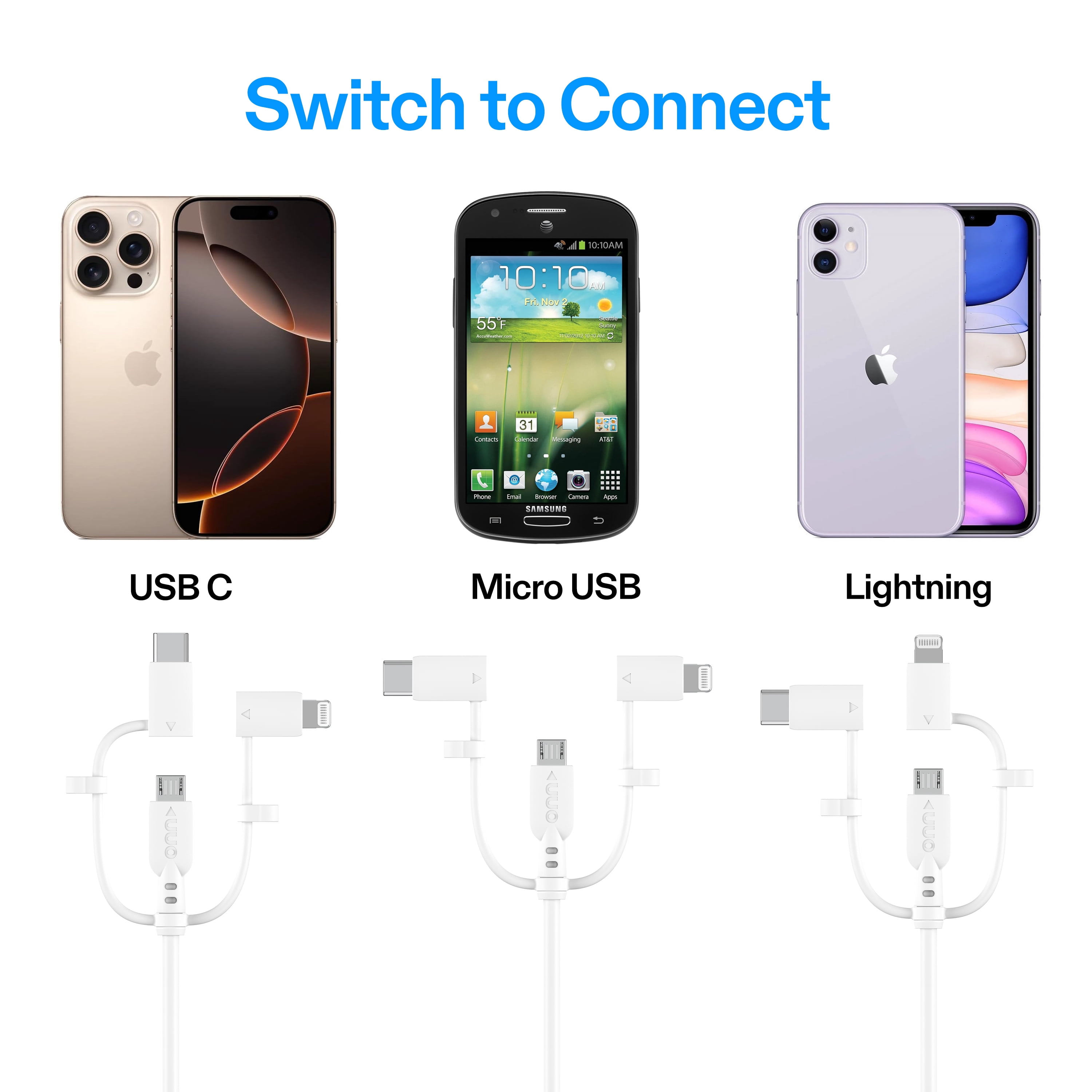 ONN 6' Micro-USB to Lightning to USB-C Cable, White