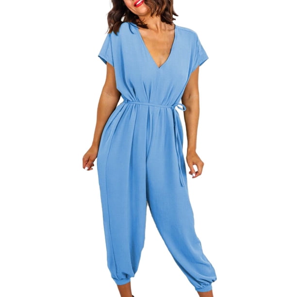 Gibobby Mono Bombachos Monos de manga corta sólidos de verano para mujer, monos con cuello en V, pantalones Harlan informales, monos de pierna ancha(Aqua, L)