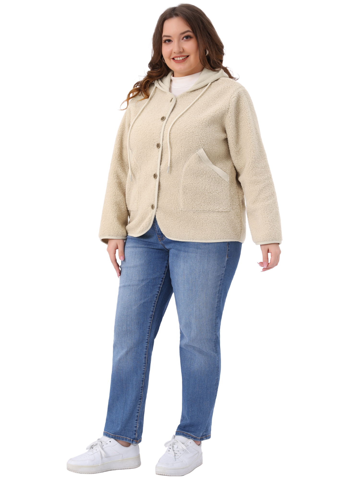 DARING DIVA Plus Size Hooded Fleece Pockets Button Closure Jacket 3X Beige
