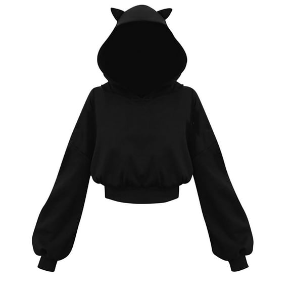 Cmfcve Black Hoodie for Woman with Cat Ear Fall Novelty Cute Bell Long Sleeve Hooded Sweatshirts Solid Color Teen Girls Crop Jacket
